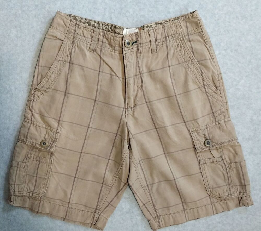 Op Ocean Pacific Cargo Shorts Size 30 Mens Brown Tan Plaid Cotton Flat Front